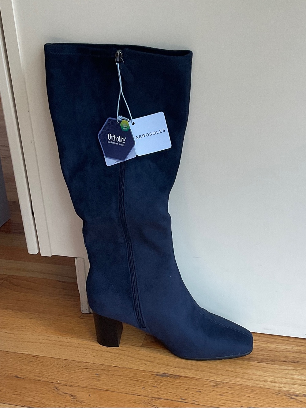 AEROSOLES Navy Mid-Calf Block Heel Suede Boot